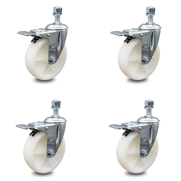 5 Inch Nylon Swivel 1/2 Inch Threaded Stem Caster Set with Total Lock Brake SCC